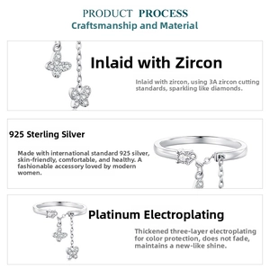 Detailed view of S925 sterling silver butterfly ring with 3A cubic zirconia tassel