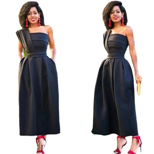 Elegant black one-shoulder satin evening dress with pockets and a full pleated skirt