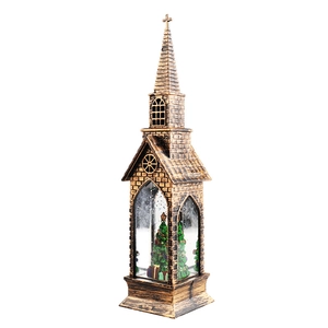 Vintage bronze church snow globe lantern with Christmas tree and sparkling glitter