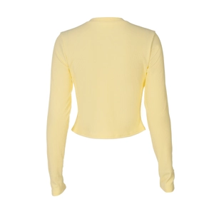Vue arrière détaillée d'un gilet en maille côtelée jaune clair à manches longues
