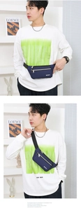Navy blue multi-compartment sport waist bag shown in waist and crossbody wearing styles