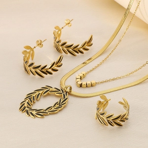 Parure bijoux feuilles d'olivier dorées avec collier double rang, boucles et bague