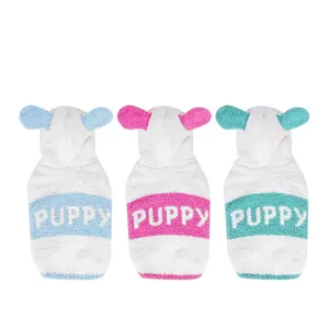 Three-color hooded pet sweaters in blue, pink, and green with Puppy text print