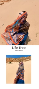 Detail of life tree pattern on orange and blue sun protection shawl for travel