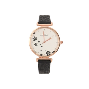 Classic vintage quartz watch for women with rose gold case and black leather strap