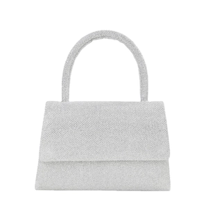 Elegant silver glitter evening bag with top handle and trapezoidal shape for formal events