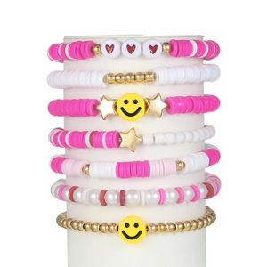 Bohemian Beaded Bracelets Polymer Clay Imitation Artificial Pearl Alloy Smile Heart Star Charms Layered For Women Girls
