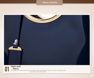 Detail view of glossy dark blue patent leather with elegant golden ring hardware