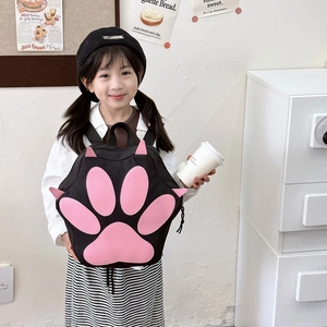 Cute 3D cat paw kids backpack in black and pink nylon for students and girls