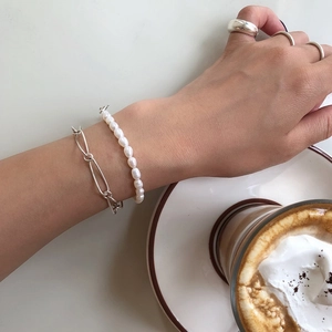 French style 925 sterling silver chain and pearl bracelet set with minimalist rings