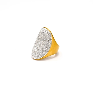 Close-up of wide gold stainless steel ring featuring a large oval pave diamond setting