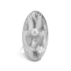 Irregular hollow wrap ring with textured silver disc and faux pearl inlay