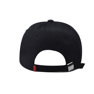 Rear view of black cotton baseball cap showing adjustable silver metal buckle and red tag