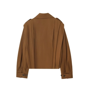 Brown lapel jacket with back pleats and shoulder straps in a flat lay view