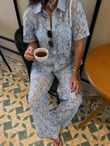 Light blue floral lace set with short sleeve button-up shirt and wide-leg trousers