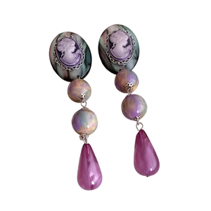 Vintage oval resin earrings with cameo portrait design and purple teardrop pendants