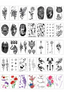 Detailed catalog showing 35 styles of waterproof temporary tattoos with floral and animal motifs
