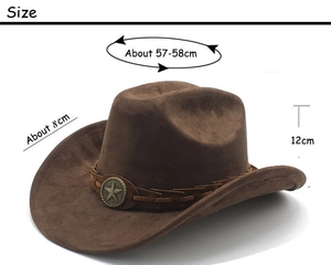 Detail of dark brown suede cowboy hat with braided leather band and star metal badge