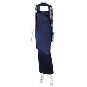 Detail of navy blue satin backless dress with matching neck wrap on a mannequin