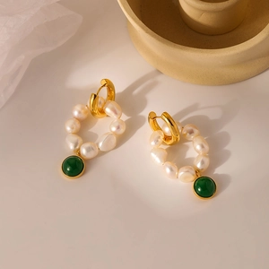 Vintage handmade freshwater pearl earrings with green gemstone in French retro style