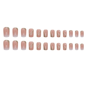 Pink gradient press-on nails with gold glitter, white lines, and heart patterns, 24pcs set