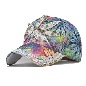 Casquette De Baseball De Luxe Pour Femmes Avec Strass Et Künstliche Perles Imprimé Feuille Tropicale Chapeau De Soleil Étincelant