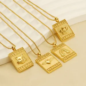 Rectangular Pendant Necklace 18K Gold Plated Stainless Steel Crown Rainbow Heart Celestial Hip Hop Street Style Unisex Jewelry