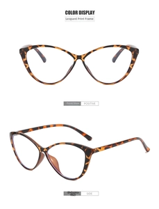 Detail view of leopard print cat eye glasses frames showing front and 45-degree angles