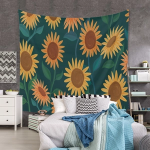 Detailed close-up of bohemian sunflower wall tapestry in a modern bedroom setting