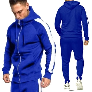 Men's blue hooded tracksuit with white side stripes, including zip-up hoodie and pants