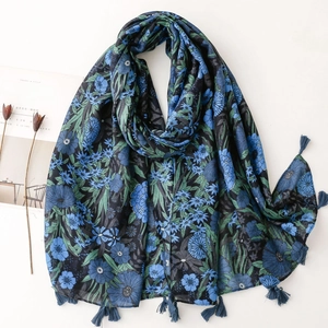 Vintage Ethnic Deep Blue Floral Print Scarf For Women Soft Polyester Shawl With Tassels Fashion Large Beach Wrap Scarf