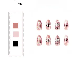 Detail von rosa mandelförmigen Aufdrucknägeln mit Gänseblümchen, Herz und Karomuster