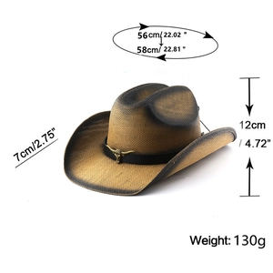 Détails du chapeau de cowboy en paille avec dimensions, bande en cuir et emblème de taureau
