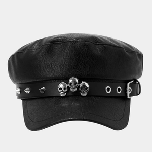 Gothic punk black faux leather military flat top hat with silver skulls and long spikes