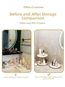 Detail of birdcage-style makeup organizer with gold metal frame and marble texture base