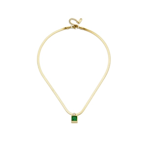 Flat gold snake chain necklace with square green gemstone pendant and clear stone accent