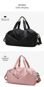 Detailed color display of black and pink waterproof fitness travel bags with shoulder straps