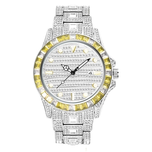 Detailed macro view of iced-out quartz watch with gradient crystal bezel and calendar window
