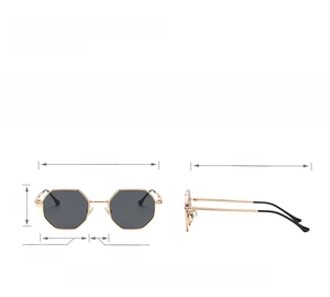 Detailed size chart for classic polygonal metal sunglasses with full frame measurements