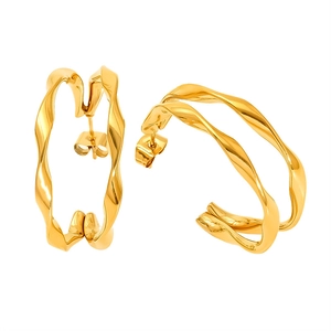 Double-layered C-shaped twisted gold hoop earrings in stainless steel with a high-gloss finish