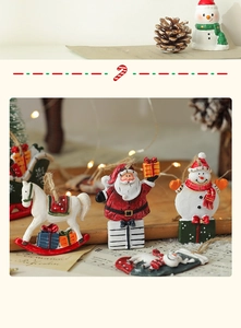 Detailed view of resin Christmas ornaments featuring Santa, snowman, and rocking horse