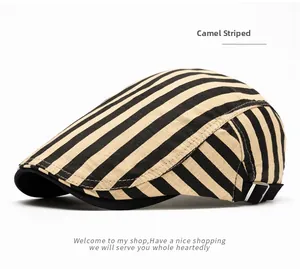 Detail view of cotton camel plaid flat cap with adjustable side metal buckle