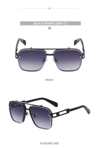 Detail view of black square sunglasses with gradient lenses and a stylish double bridge