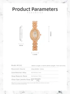 Size chart for luxury rhinestone watch model M1232 showing technical specifications