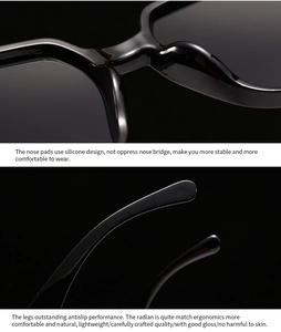 Detail view of smooth silicone nose pads and ergonomic glossy black temples on sunglasses