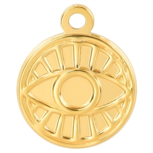 Detailed close-up of a circular gold stainless steel evil eye pendant with abstract design