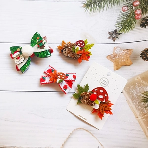 Kids Hair Clips Handmade Fabric Felt Mushroom Hedgehog Maple Leaf Christmas Tree Bows Cartoon Headwear For Girls