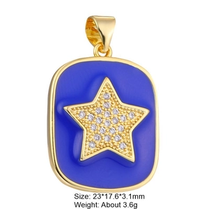 Detail view of gold tarot pendant with blue enamel star and dimensions 23x17.6mm