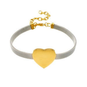 Two-tone mesh chain bracelet with gold and silver heart pendant in stainless steel