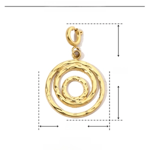 Detailed size view of a golden stainless steel round pendant with hammered texture finish